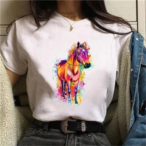 Watercolor Horse Tshirts White Tops Summer Aesthetics Graphic Short Sleeve Polyester T Shirts Female Camisetas Verano Mujer
