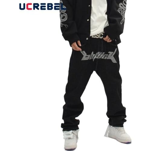Letter Print Denim Pants Mens High Street Loose Straight-leg Pants Streetwear Casual Jeans Trousers Men