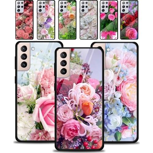 Peony Rose Flower Ball Tempered Glass Cover For Samsung Galaxy S21 Plus Ultra M21 M31 M51 A52 A72 Phone Case Coque