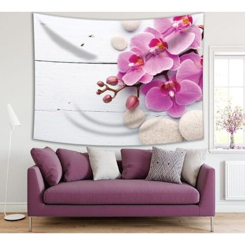 Tapestry Spa Stones and Pink Orchid Flowers Buds on White Wooden Board Decorative Photo Printed