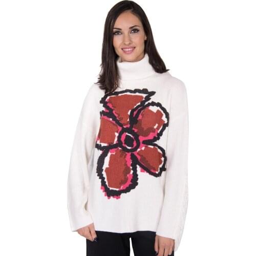 Spanish womens Retro loose print casual high neck white Long Sleeve Sweater