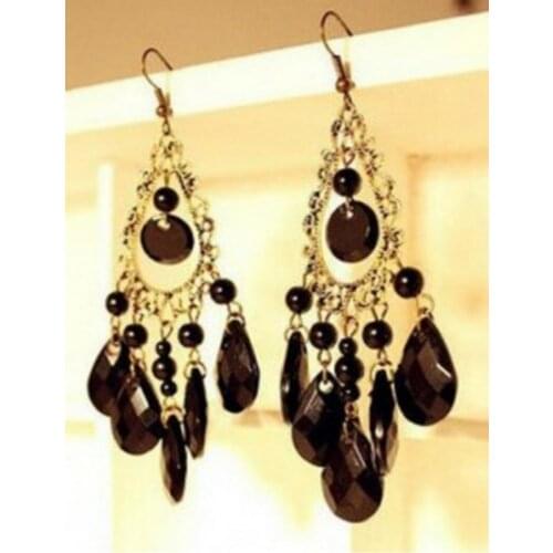 Korean hipster hollow foreign trade fashion jewelry retro hollow tassel earrings luxury black water drop stone female earrings