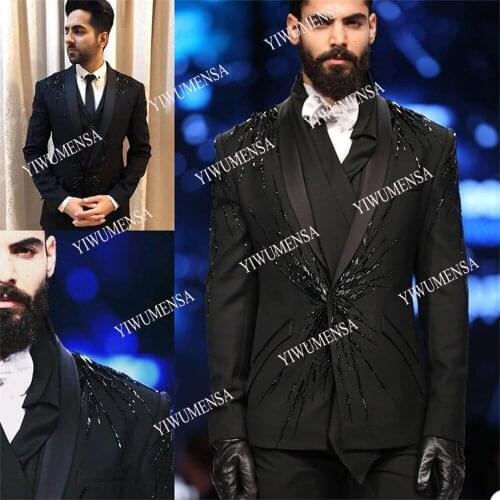 YIWUMENSA Black Slim Fit Groom Wear Beaded Men Suits Formal Wedding Custom Made 3 Pieces Tuxedos Peaked Lapel Blazer Business