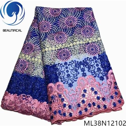 BEAUTIFICAL african lace fabrics Top sale tulle lace fabric with stones 5yards High quality nigerian mesh lace fabric ML38N121