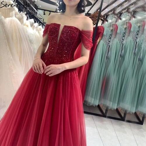 Serene Hill Dubai Red A-Line Sexy Sleeveless Evening Dress 2021 Off Shoulder Beading Sparkle Formal Party Wear Gown CLA70545