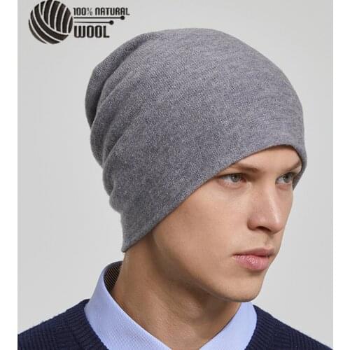 Men 100% Australian Wool Winter Knit Slouchy Beanie Hat Cashmere Skullies Hats For Women Caps