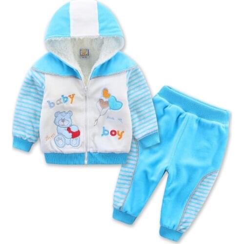 2021 new winter Coral fleece kidswear set double layer siuts velour hooded zipper long-sleeve boys girls child set baby clothes