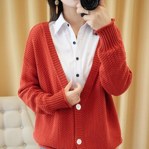 2021 Autumn And Winter New Cardigan Cotton Knit Sweater Womens V-Neck Cardigan Coat Thick Korean Casual Outfit