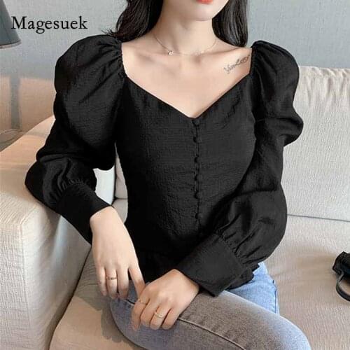 Autumn Fashion Cardigan Korean Style Slim Fit Blouse Women Long Puff Sleeve Solid Black Tops V-Neck Shirts Blusas Mujer 10952