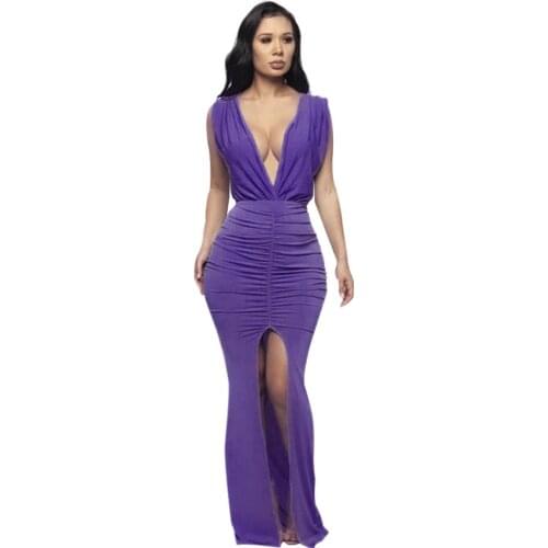 Club Party Sexy Bodycon Dress Women Draped Deep V Neck Backless Bandage Ruched Wrap Maxi Summer Dress Vestidos