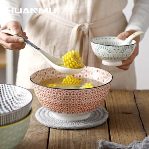 8 Inch Large Soup Bowl Japanese Style Simple Underglaze Ceramic Tableware Household Threaded Soup Bowl Salad Ramen Bowl