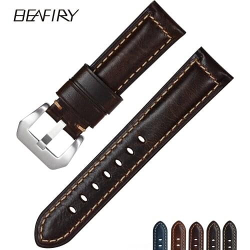 BEAFIRY Oil tanned Natural Crack Genuine Leather WatchBands 22 23 24mm Dark Brown Light Brown Wine Red black blue watch straps