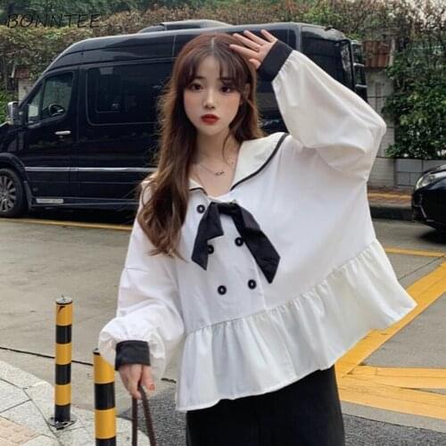 Shirts Women Sweet Female Korean Style Casual Long Sleeve Patchwork Button Kawaii BF Summer Streetwear Mujer De Moda Simple Tops