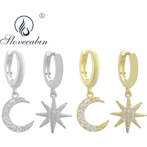 Slovecabin 925 Sterling Silver Gold Star Moon Pendant Hoops Earring Luxury Circle Loops Fashion Crystal CZ Women Jewelry