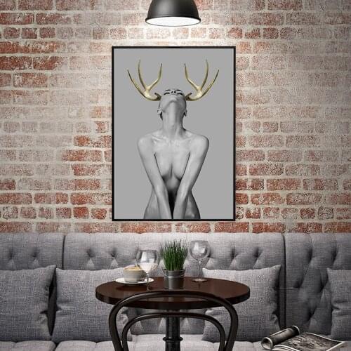 Modern Simple Fashion Sexy Golden Deer Canvas Painting Art Printing Poster Pictures Wall Bedroom Living Room Home Decoration