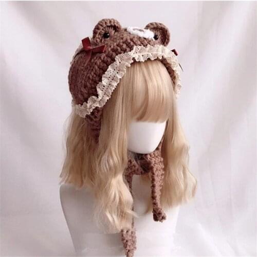 Lolita Girl Cat Ear Lace Trim Knitted Hat Mori Girl Warm Cap Kawaii Knitting Hat D670