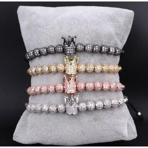 High Quality Luxury Men Women Jewelry Bracelet 6mm CZ Micro Pave Ball Crown Adjustable Beads Bracelet