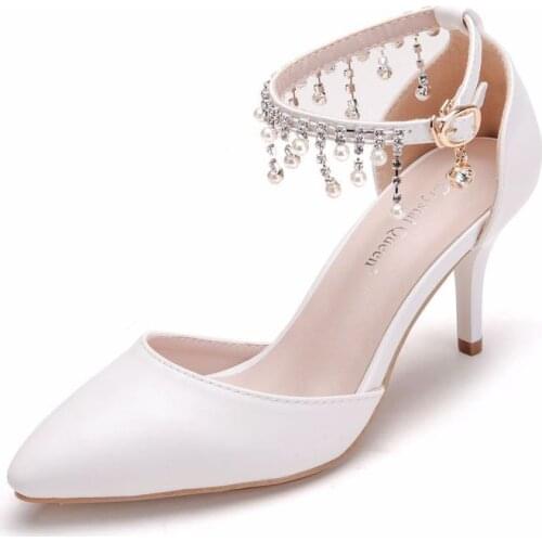 Women sandals wedding Party banquet PU Rhinestones Buckle Strap 7.5CM Thin High Heels Pointed Toe women shoes size 35-42 white