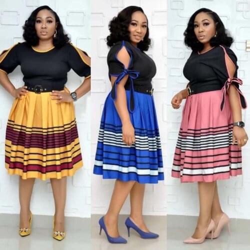 HGTEAfrican Dress For Women Bow Bodycon Dress High Quality Striped Printed Patchwork Pencil Dress Belt Office Lady Robe Clothing