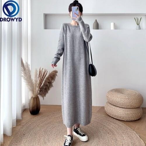 2021 Winter New Korean Version of The Long Loose and Thin Knitted Inner Dress Solid Color Sweater Dress Stretch Pullover Dresses