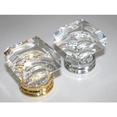 50PCS/LOT FREE SHIPPING 33MM CLEAR SQUARE CRYSTAL KNOBS ON A GOLD BRASS BASE