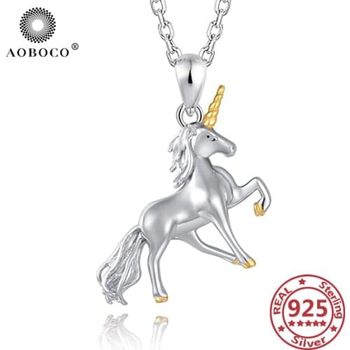 AOBOCO 925 Sterling Silver Unicorn Pendant Necklaces Silver 925 Jewelry Unisex Chain Womans Jewelry Graduation Gift Girls Gift