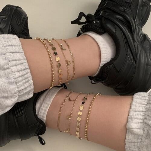 Bohemia Multilayer Beads Anklet Set Fashion Gold Sequins Star Ankle Bracelets for Women Sandals Foot Jewelry Leg Chain Anklets
