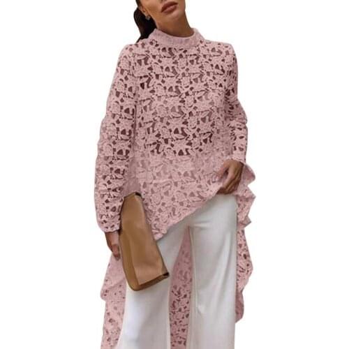 Spring Autumn Fashion Women Solid Color Hollow Out Lace Blouse High Low Top