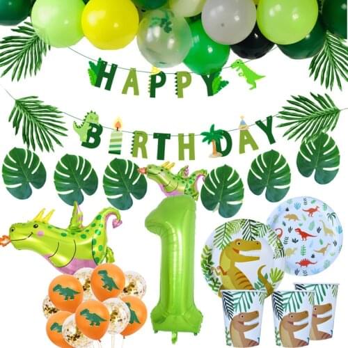 Dinosaur Party Disposable Tableware Plate Cups Birthday Dinosaurio Decor Balloon Kids Baby Shower Palm Leaves Jungle Dino Party