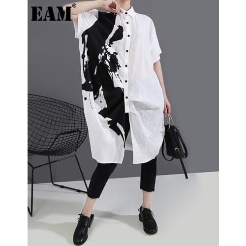 [EAM] Women White Pattern Printed Big Size Dress New Lapel Short Sleeve Loose Fit Fashion Tide Spring Summer 2021 1T648