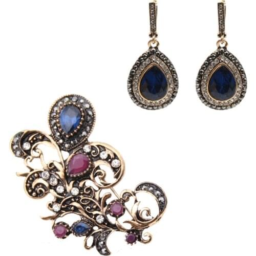 Elegant Women Antique Jewelry Sets Retro Gold Color Resin Tulips Flower Earrings Brooch Set India Bridal Jewelry Festival Gift