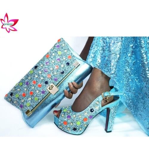 2020 INS Hot Selling Summer New Design Nigerian Women Shoes and Bag Set in Sky Blue Color High Quality Big Discount for wedding
