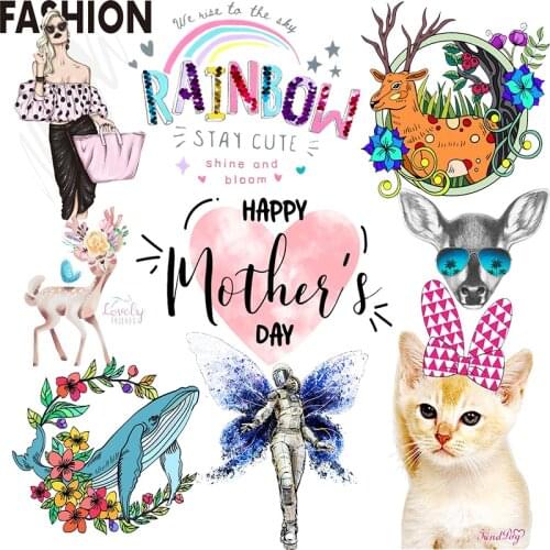 Fashion Girl Cute Cat Applique Iron-On Transfers For Clothing Stickers Deer Animal Thermal Heat Transfer For Kids Clothes Prints