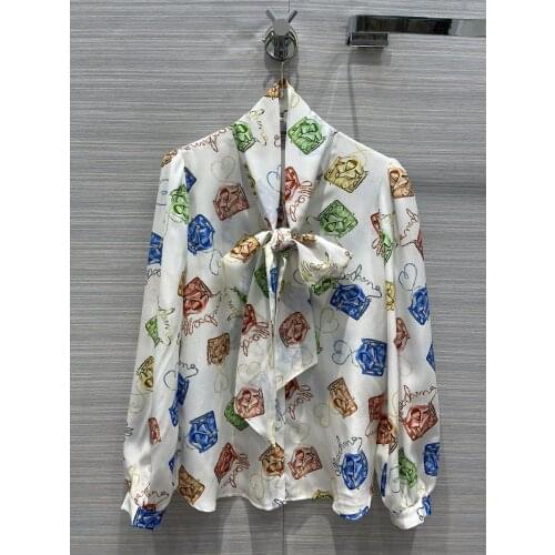 Fashion 2021 New Ladies Long Sleeve Sexy Casual Neckline Ribbon Printed Silk Shirt 0114