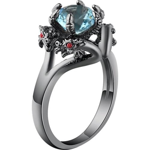 Hainon Black Gun Color Cool Dragon Men Rings Jeweley Punk Party Finger Rings Red Sky blue Round Cz crystal Rings For Women