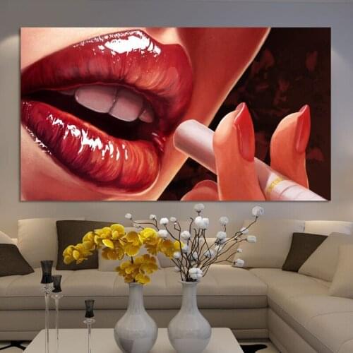 Wall Paintings Posters and Prints on Canvas Wall Art Painting Red Sexy Lips Smoking Pictures for Living Room Home Decor No Frame