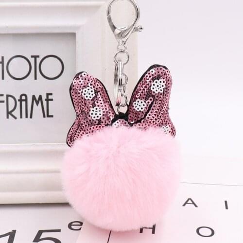 New fashion sweet Hot cute Sequin bow Fake Rabbit Fur Ball Key Chain Pompom Key Chain Key Rings Girl Women Bag Jewelry