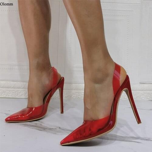 Olomm New Style Handmade Women Summer Slingback Sandals Transparent Stiletto Heel Pointed Toe Red Blue Party Shoes Size 5-15