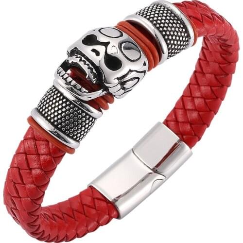 Punk Skull Red Braided Leather Bracelet Men Jewelry Stainless Steel Magnetic Buckle Male Wrist Band Bangles Gifts 2020