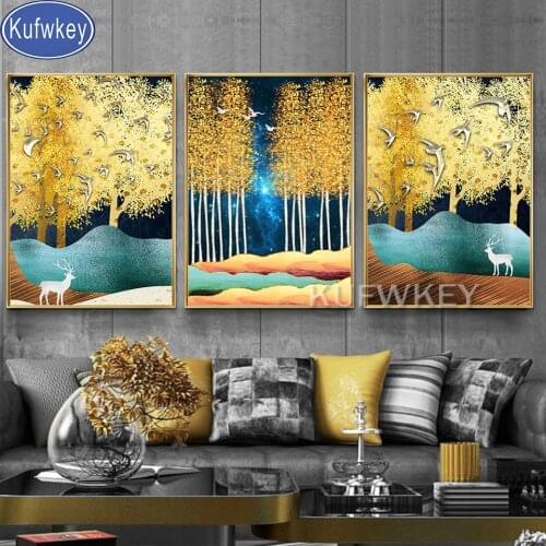 Full Diamond Painting 3 pcs set Diamond Embroidery Golden trees Landscape Bird deer Picture Of Rhinestones Mosaic Art Home Decor