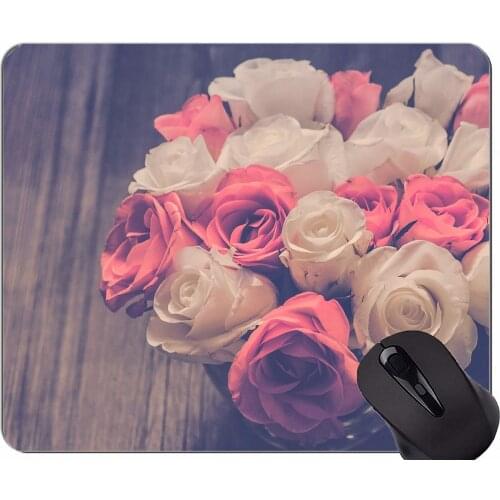 Rectangle Mouse Pad,White Flower Rose Flower -Stitched Edges
