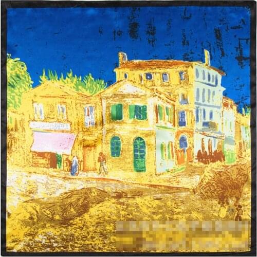 New Arrival 60*60cm Euro Brand Style Women Silk Square Scarf Oil painting castle fashion Tied bag handle scarf high quality