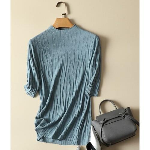 Thin Knitted Solid Women T-Shirts Summer New Buttoming Elastic Office Lady Elegant Pulls Outwear Tops Tees