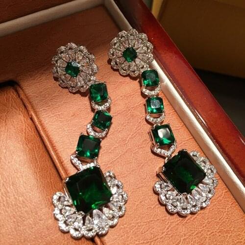 Vintage luxury emerald square zircon earrings dress party girl 925 silver needles for women