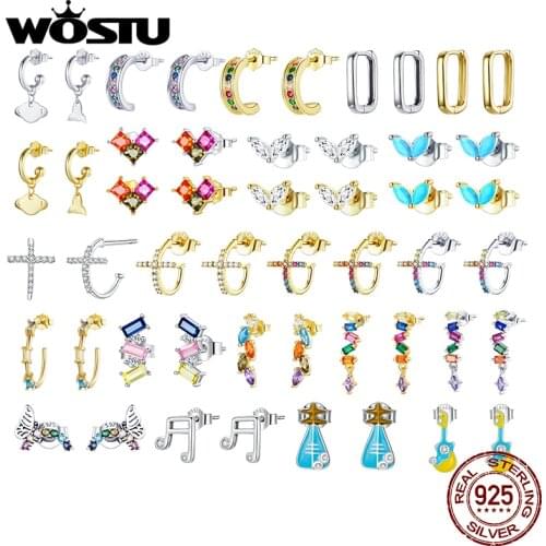 WOSTU 925 Sterling Silver Mini Guitar Earrings Zircon Stud Earrings Simple Hoop Earrings Fine Women Party Fashion Jewelry Gift