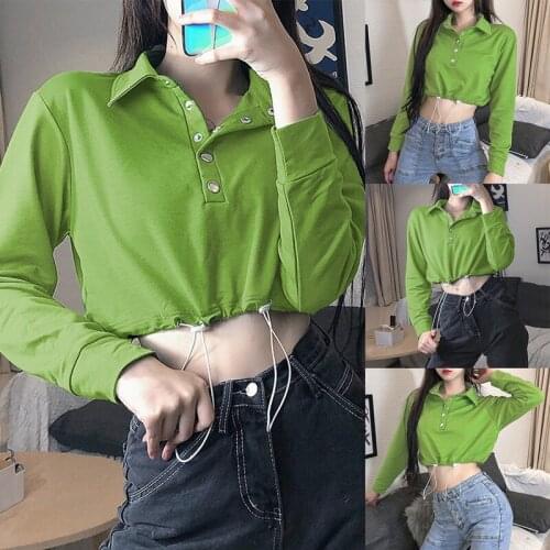 Womens Fashion Solid Color Drawstring Lapel Short Sweatshirt Top Green