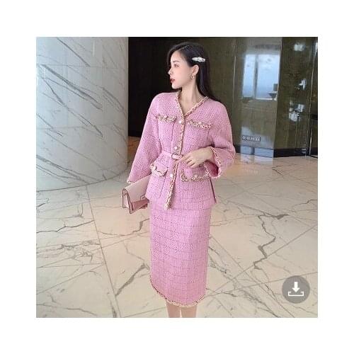 Elegant Women Pink Tweed 2 Piece Set Fall Winter Plaid V Neck Weave Pocket Belt Woolen Jacket Coat + Knee Pencil Skirt Suits