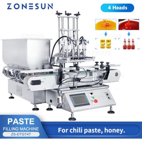 ZONESUN Tabletop Automatic Pneumatic 4 Heads Honey Paste Hand Sanitizer Liquid Bottle Can Pistion Filling Machine