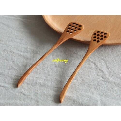 300pcs/lot Fast shipping 18.5cm Wood Honey Stirring Honey Spoons Honeycomb Carved Honey Dipper Flatware Can customize logo