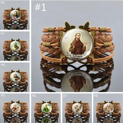 St Michael Francis Bracelet Handcrafted Christian Jewelry Saint Virgin Glass Cabochon Bracelet Mary Retro Brown Bracelet